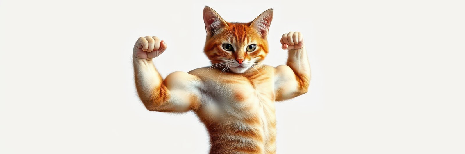 Muscular cat poses confidently with flexed arms showcasing strength and determination in a playful manner